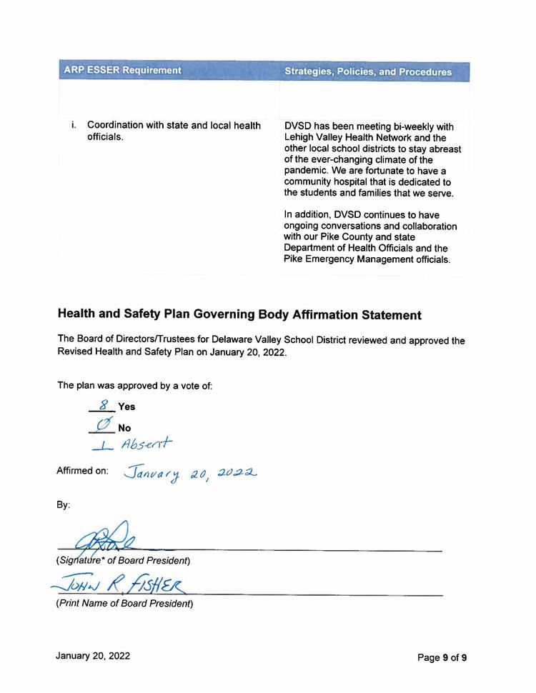 2021-2022 ARP ESSR Health and Safety Plan